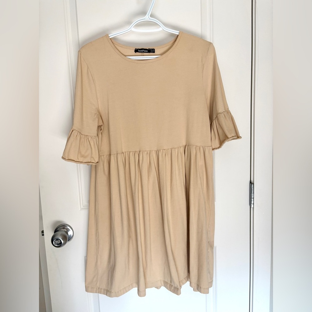 Boohoo Beige Ruffle Sleeve Dress